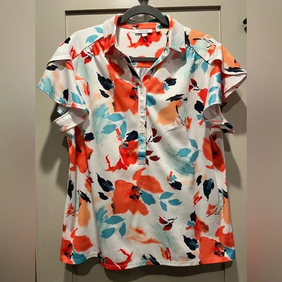 Chico's Short Sleeve Floral Top Blouse Size XL /Chico’s Size 3 EUC! - Picture 3 of 16